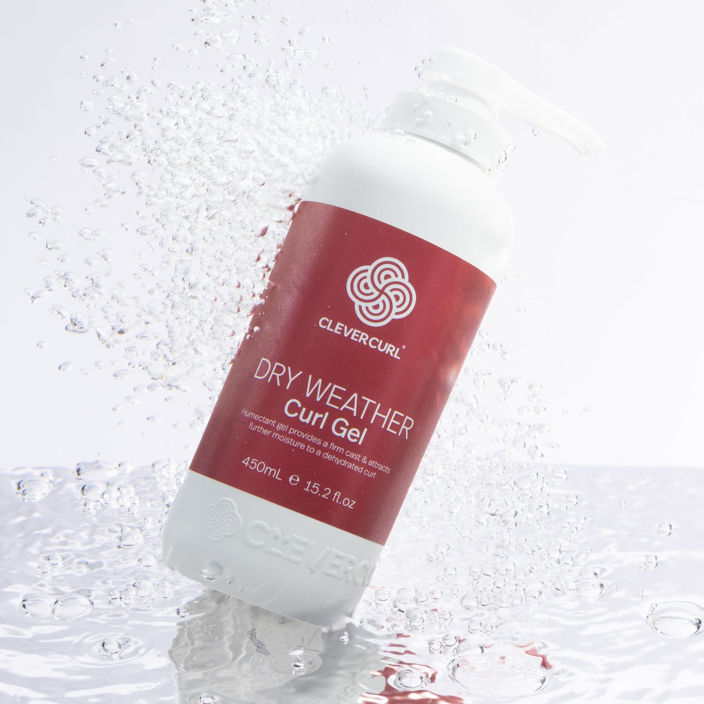 Clevercurl Dry Weather Curl Gel 450ml bottle on a textured white background