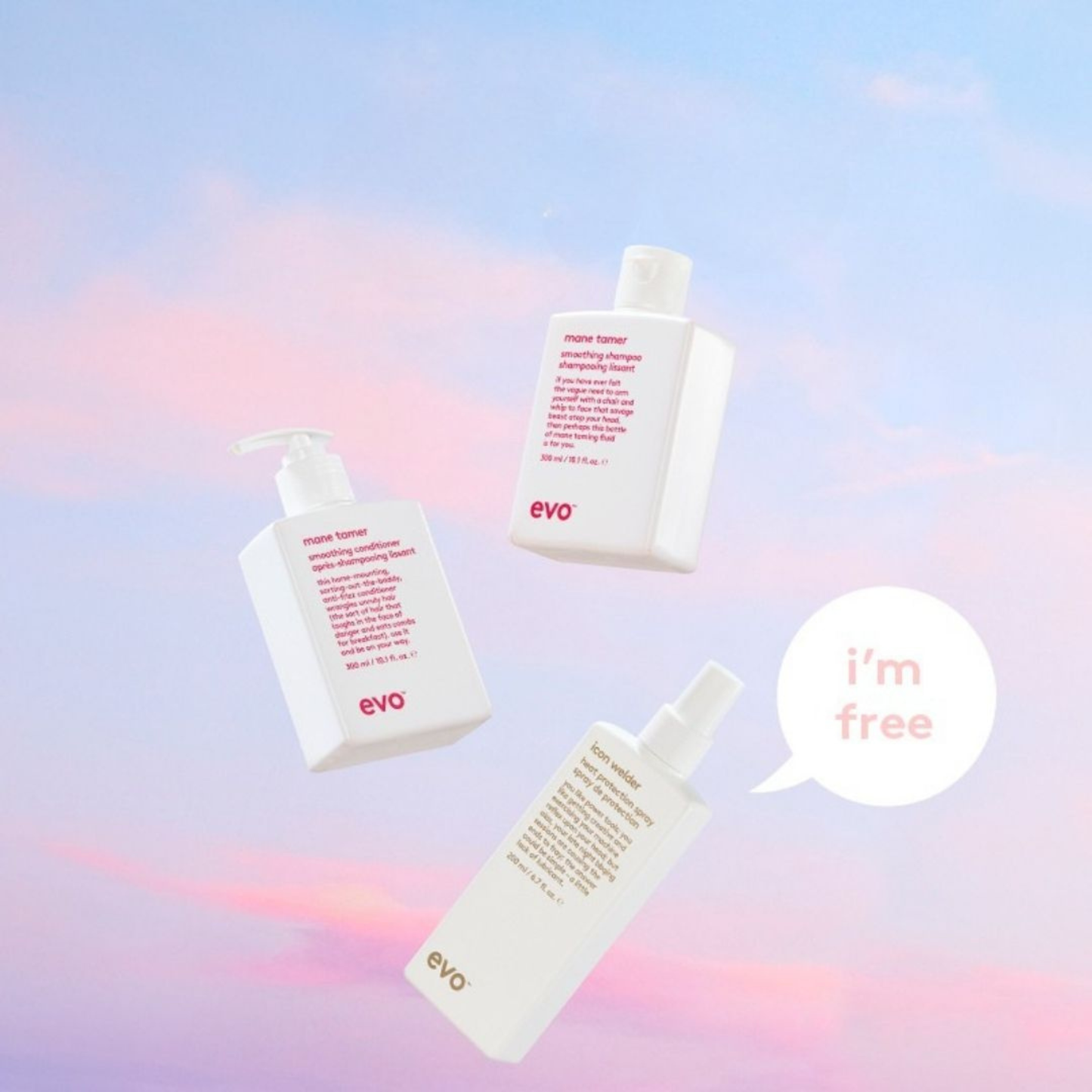 Three evo hair care products including mane tamer shampoo, conditioner and heat protection spray.