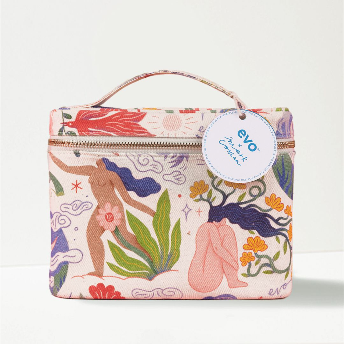 Evo x Mark Conlan Cosmetic bag with artistic design and 'evo' brand tag on a white background