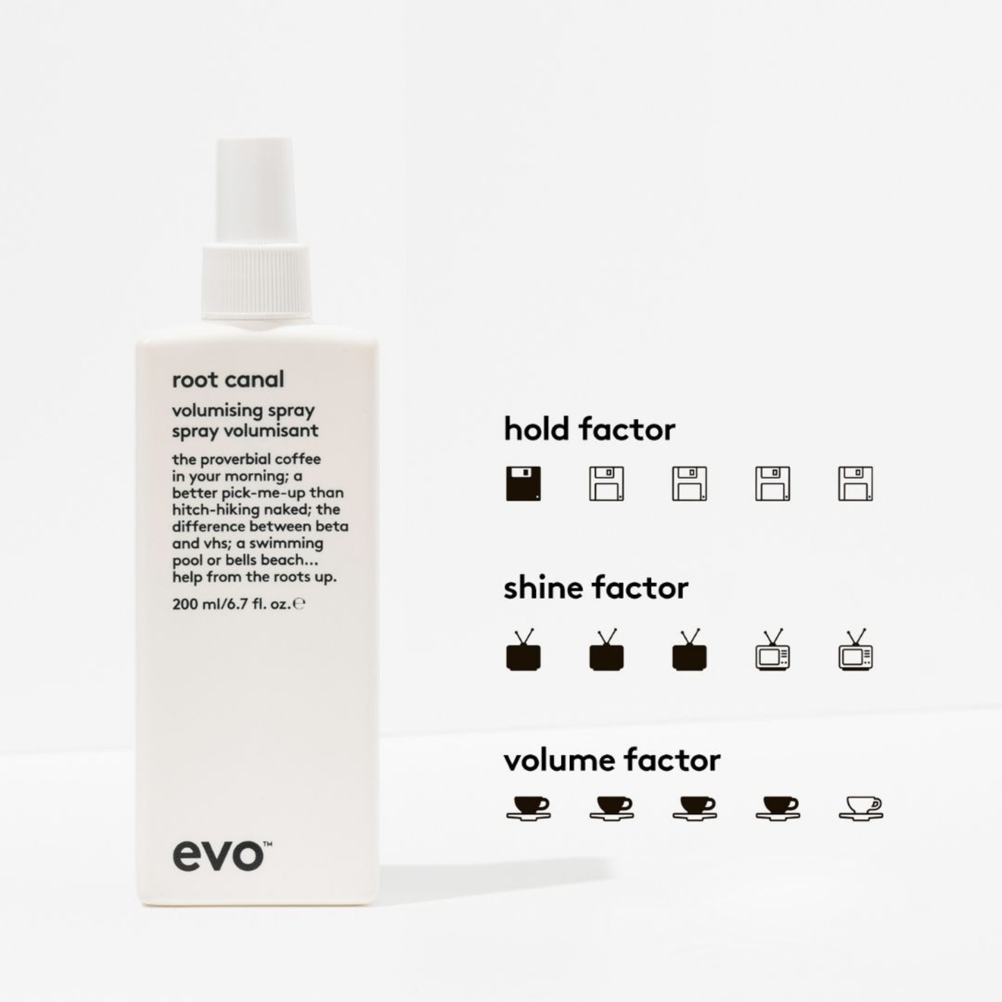 Evo root canal volumising spray with hold factor 1, shine factor 3 and volume factor 4 on a white background