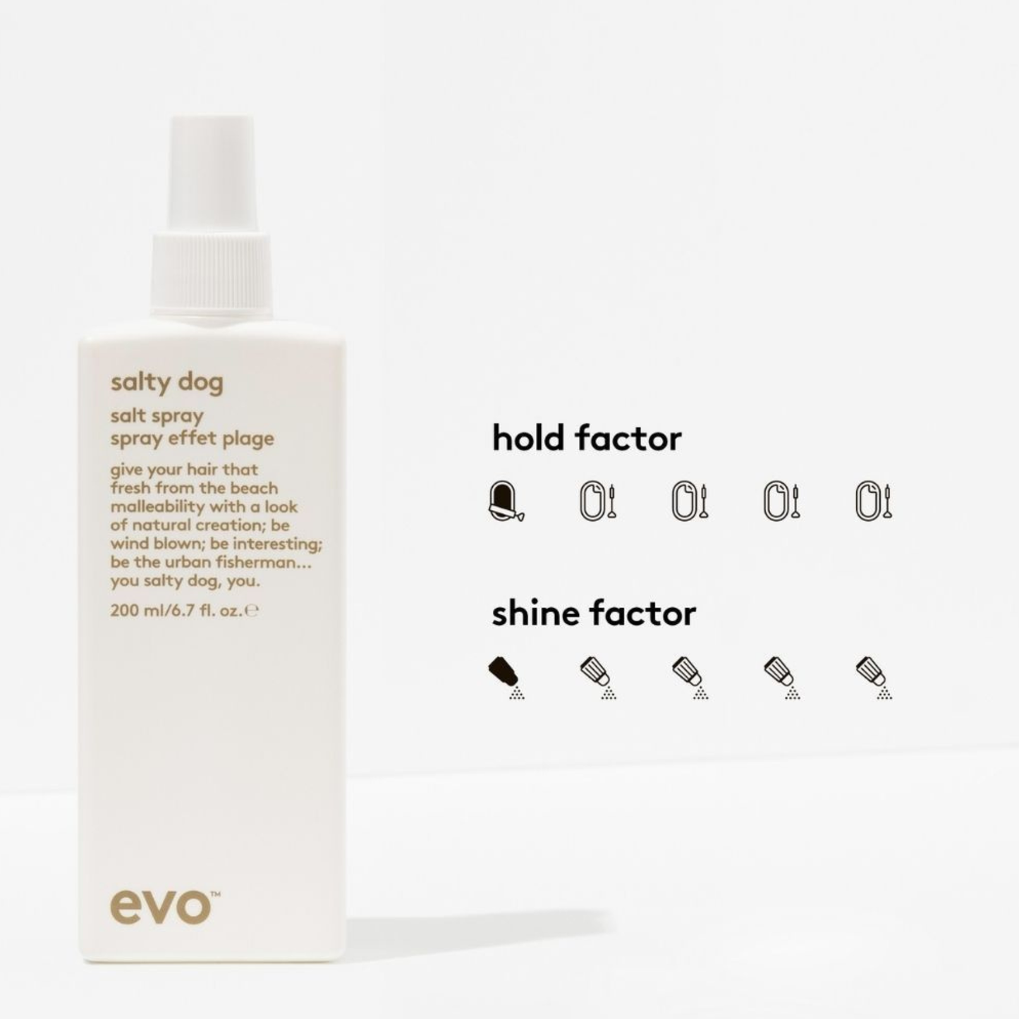 Evo salt spray bottle with hold factor 1 and shine factor 1 on a white background