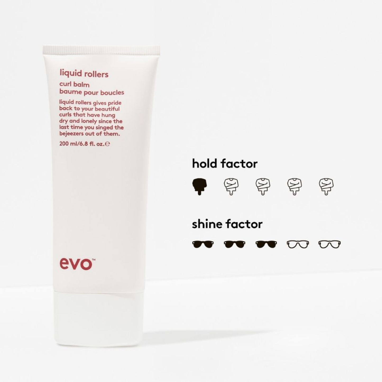 Evo liquid rollers curl balm hold factor 1 and shine factor 3 on a white background