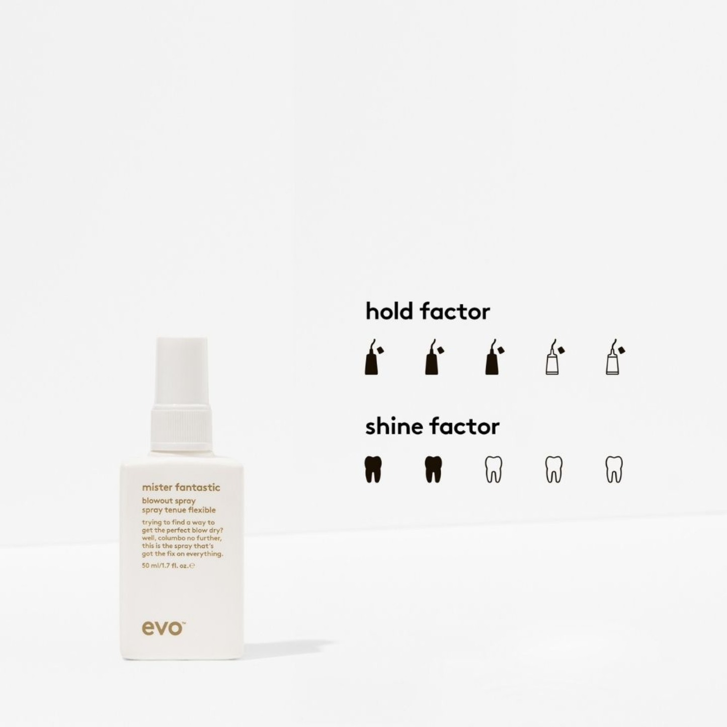 Evo hair product bottle with 'hold factor 3' and 'shine factor 2' icons on a white background