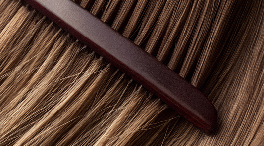 Dark wooden comb running through healthy hair