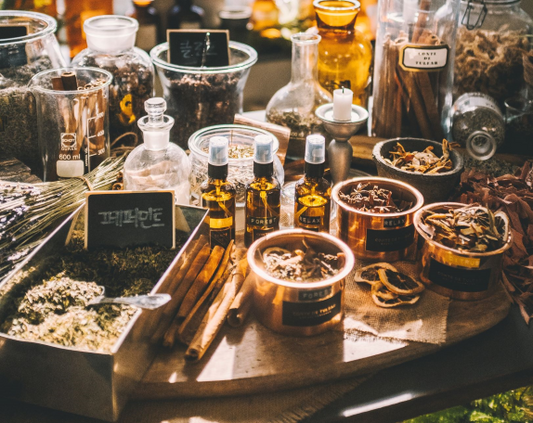 Window full of medical and herb jars