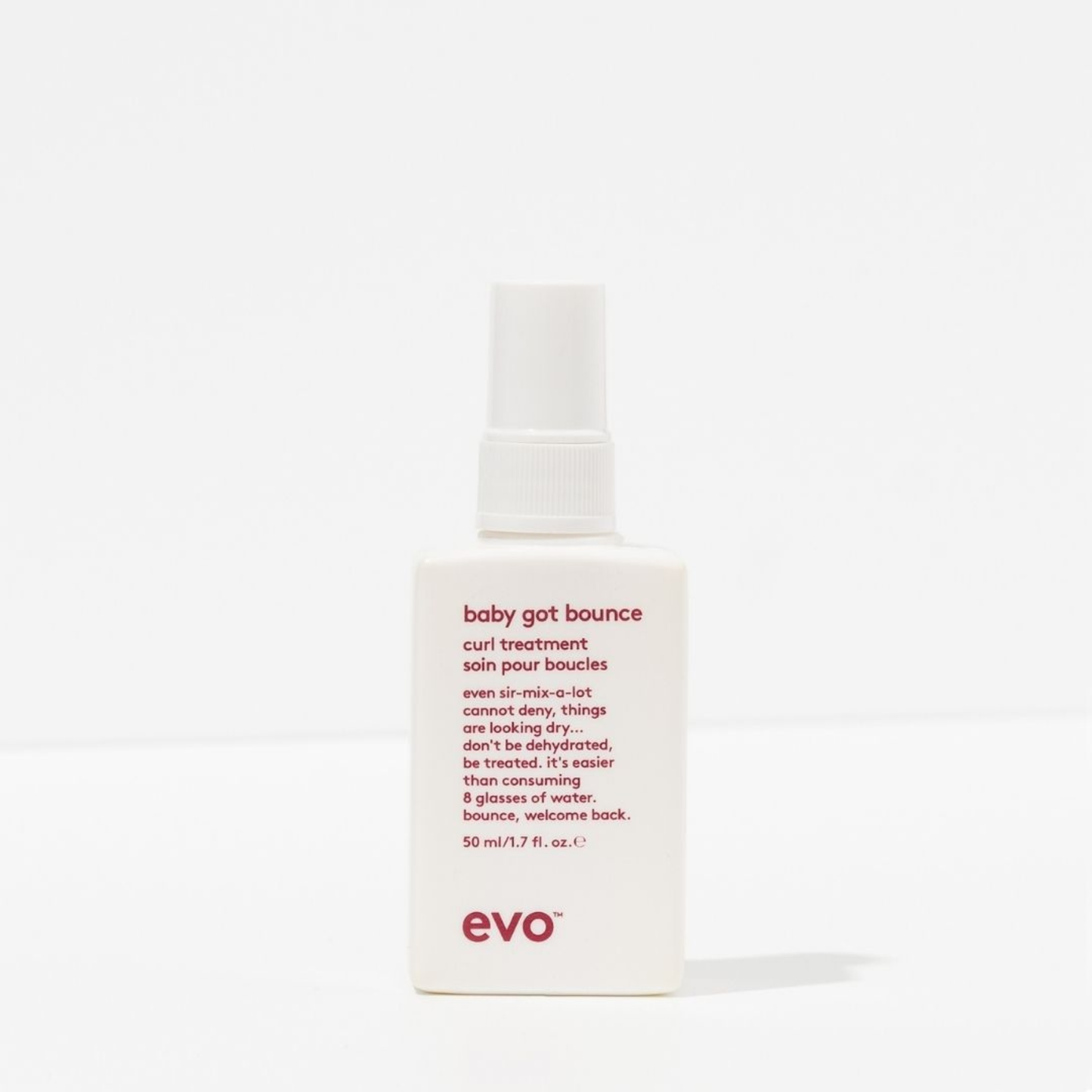 Evo baby got bounce hair treatment bottle on a white background