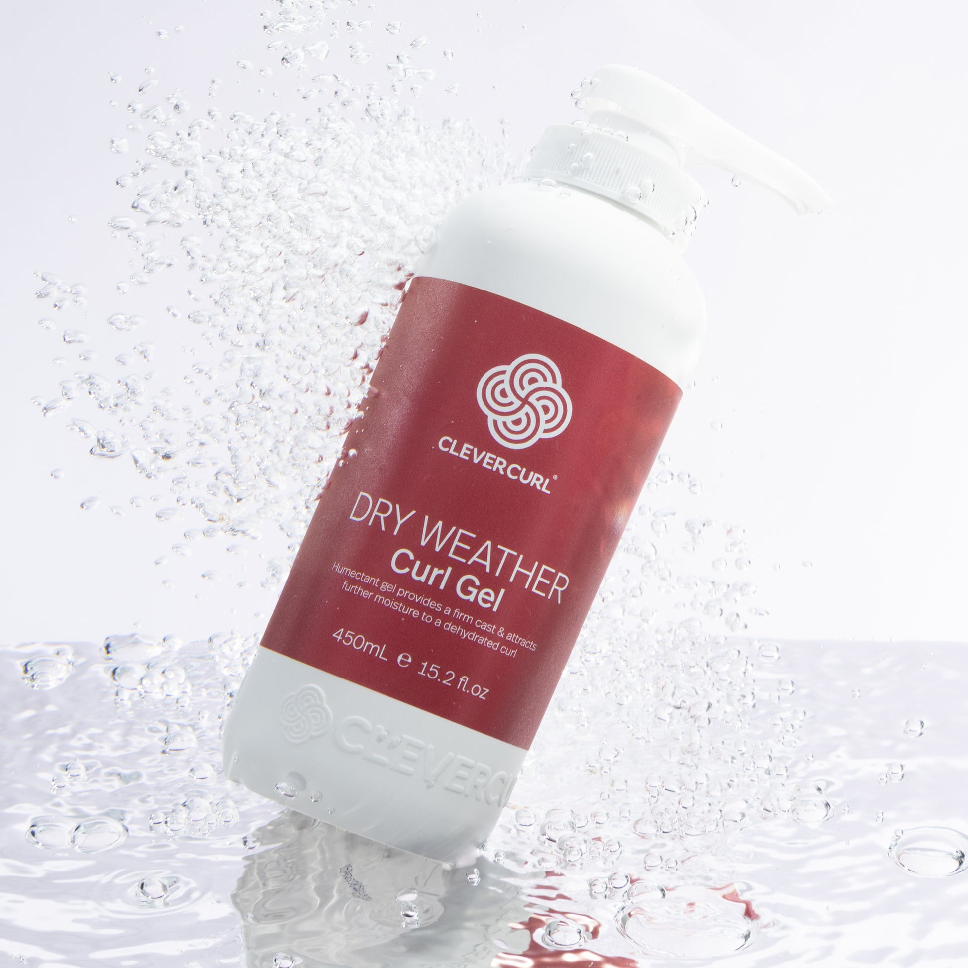 Clevercurl Dry Weather Curl Gel 450ml bottle on a textured white background