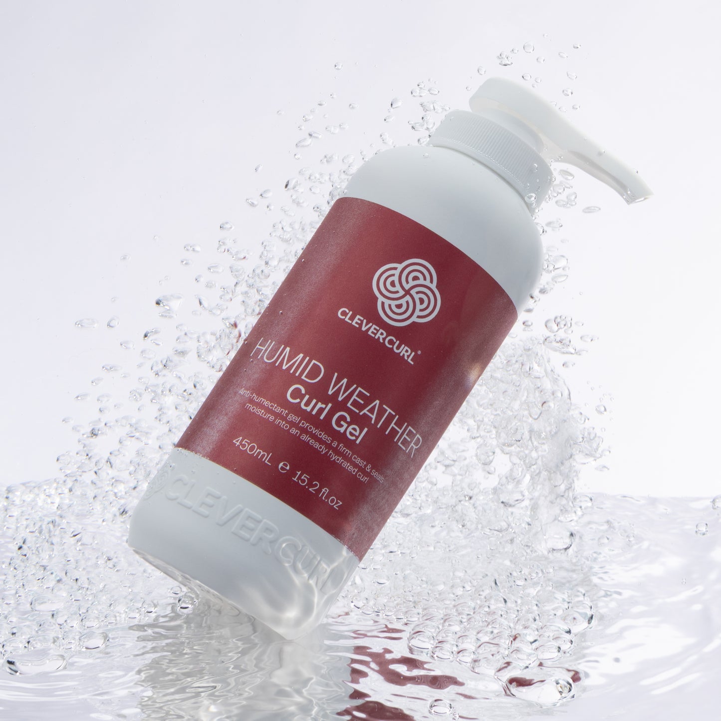 Clever Curl humid weather curl gel 450ml bottle on a water droplet background