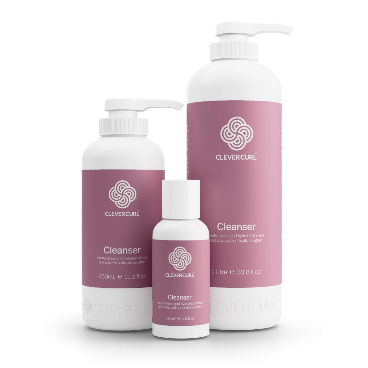 Three bottles of Clevercurl Cleanser on a white background