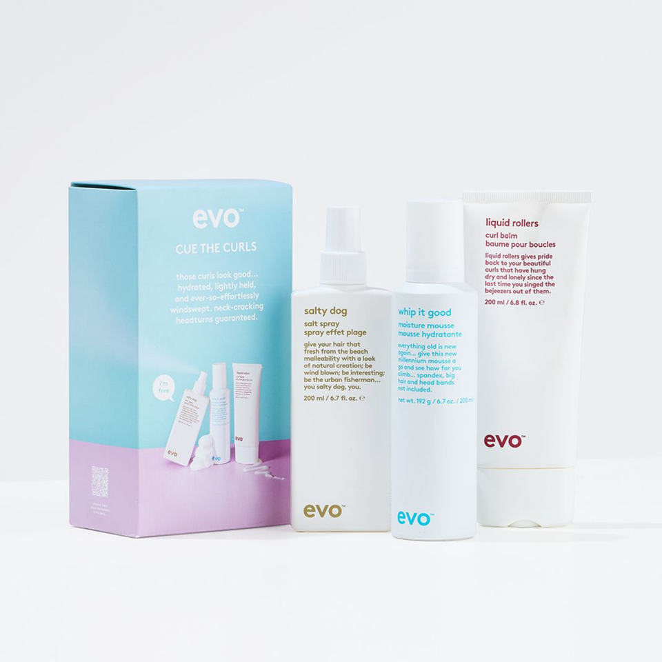 Evo Cue the curls gift pack including Salty dog, Whip it good and Liquid Rollers 