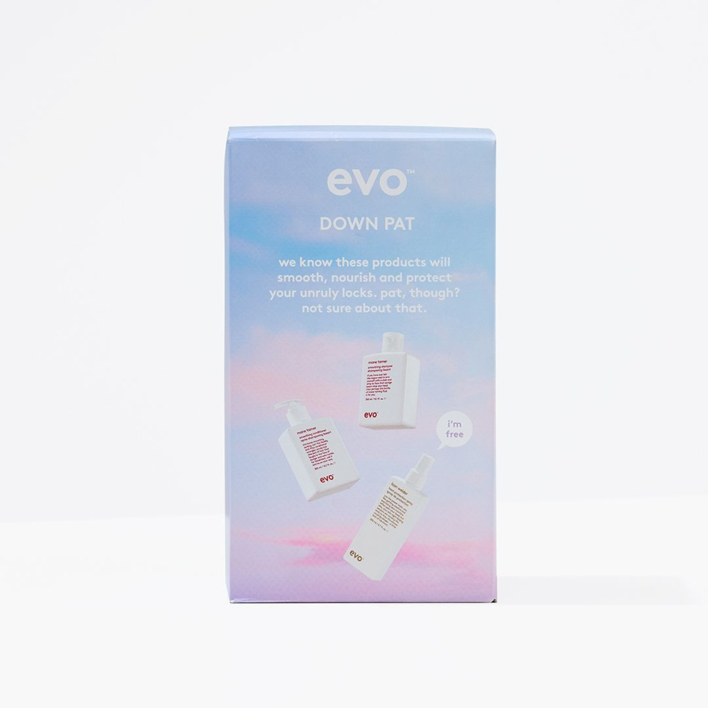 Evo Down Pat Gift Set including mane tamer shampoo, conditioner and icon welder heat protection.
