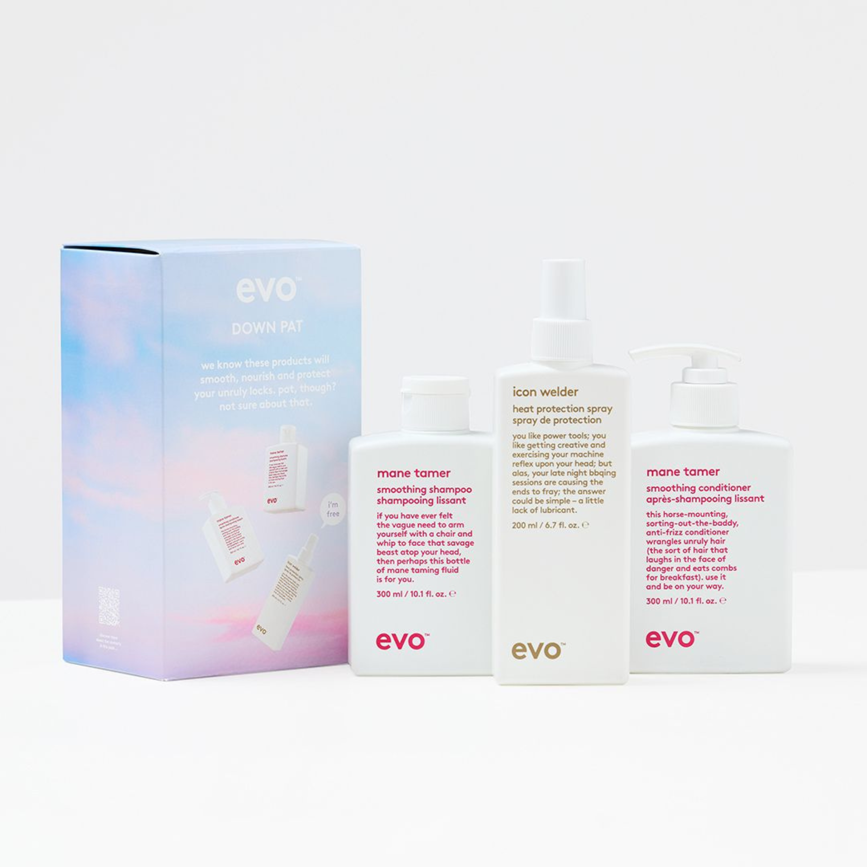 Evo Mane Tamer shampoo, conditioner and icon welder heat protection spray gift set  