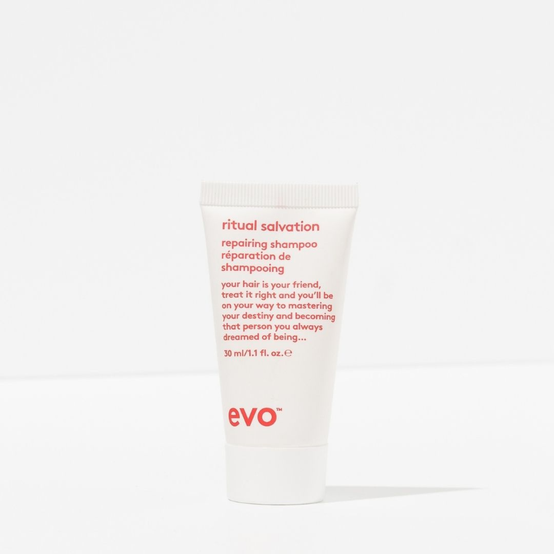 Evo ritual salvation shampoo 30ml tube on a white background