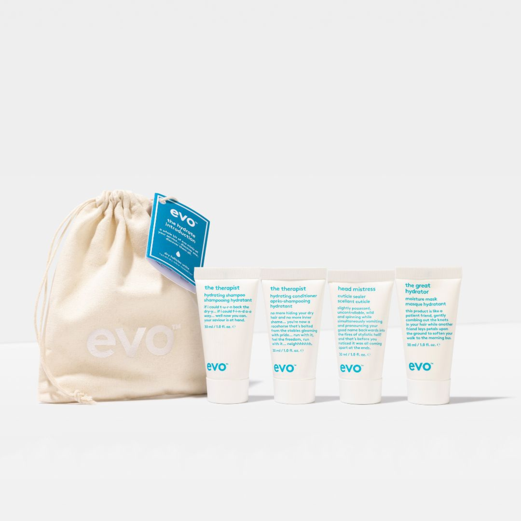 Evo The Hydrate Introduction Gift Set showing 4 30ml products and drawstring bag