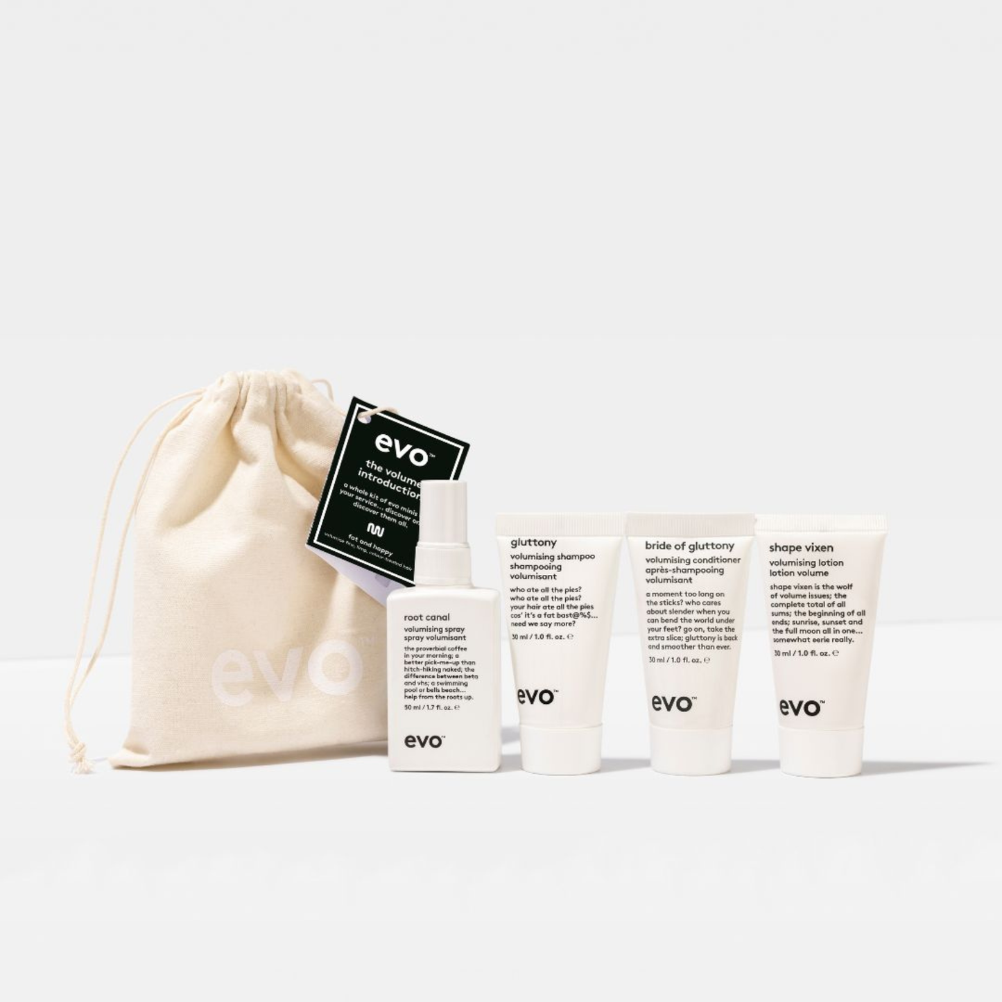 Evo The Volume Introduction Gift Set including bottles and a pouch on a light gray background