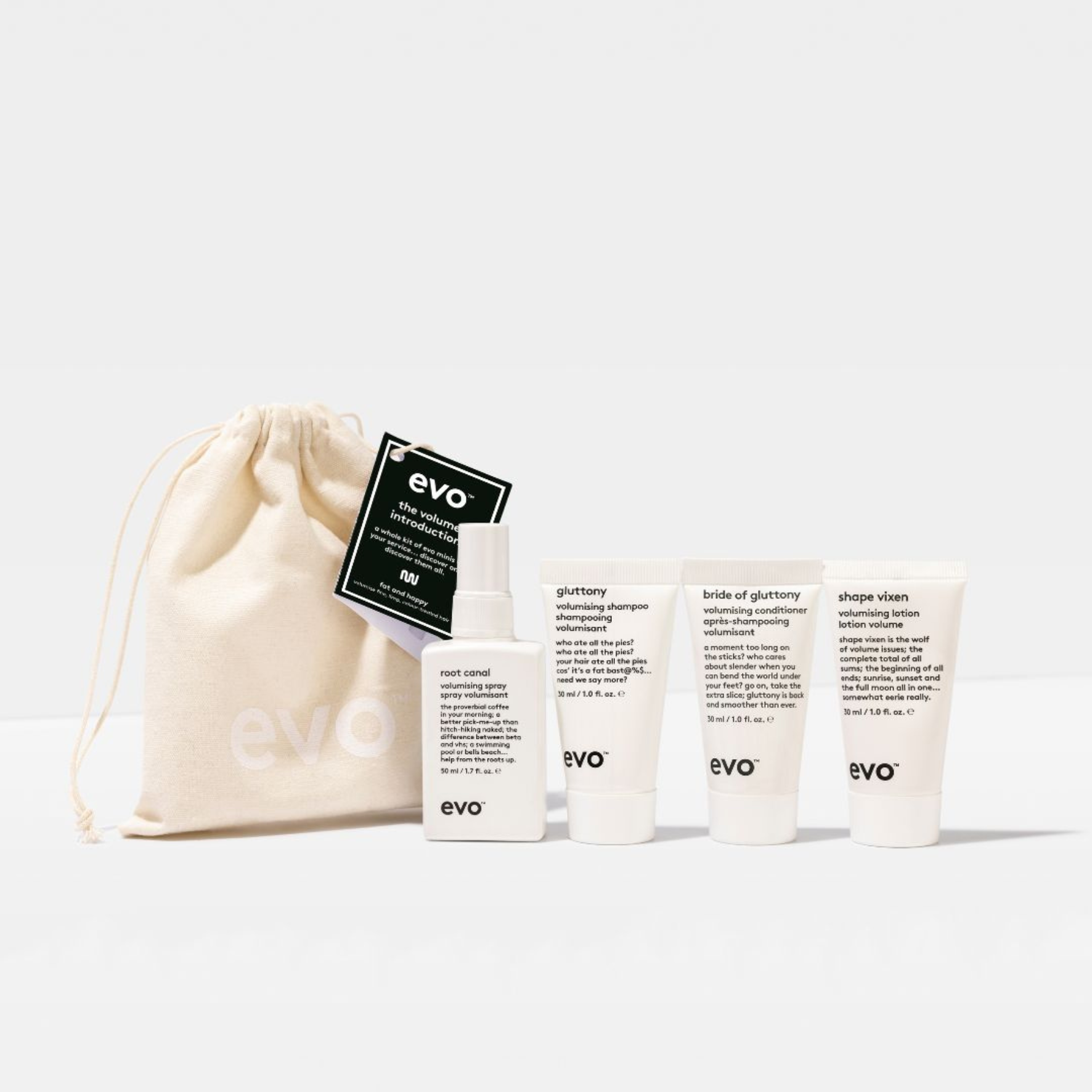 Evo The Volume Introduction Gift Set including bottles and a pouch on a light gray background