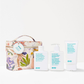 evo hair care hydrate shampoo, conditioner and mask including a bag on a white background