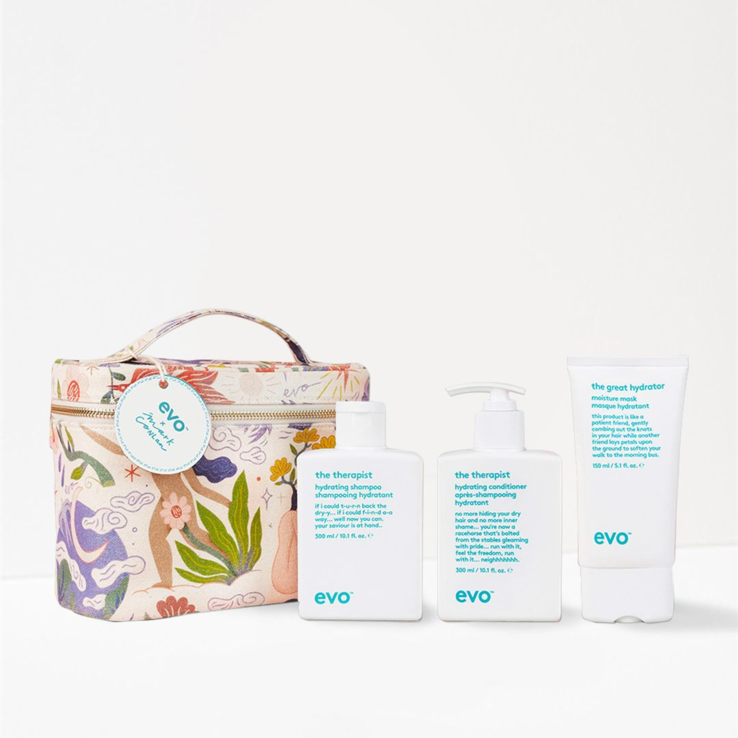 evo hair care hydrate shampoo, conditioner and mask including a bag on a white background