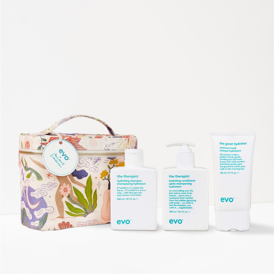 evo hair care hydrate shampoo, conditioner and mask including a bag on a white background