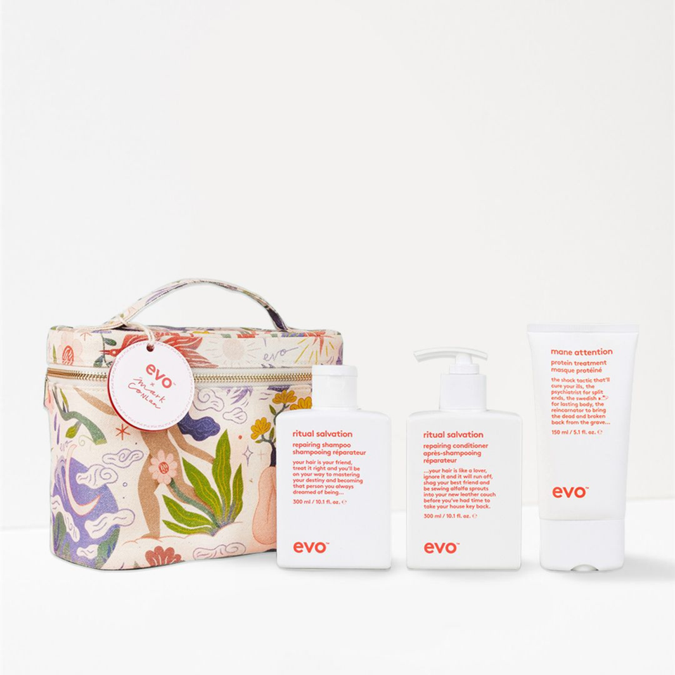 evo hair care repair shampoo, conditioner and mask including a bag on a white background