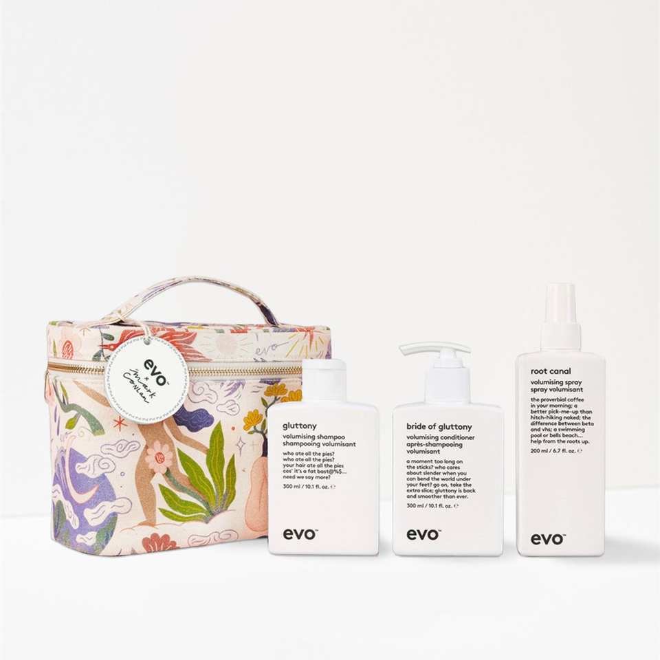 evo hair care volume shampoo, conditioner and volumising spray including a floral-patterned bag on a white background