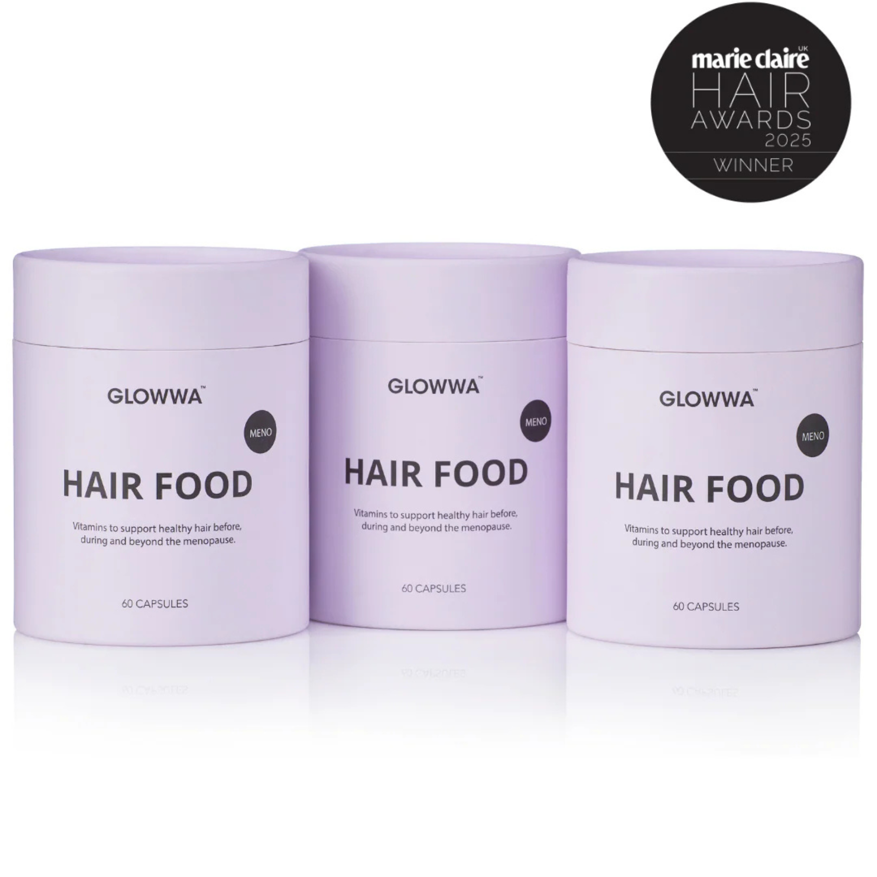 Three containers of GLOWWA Hair Food on a white background with a Marie Claire Hair Awards 2025 winner badge.