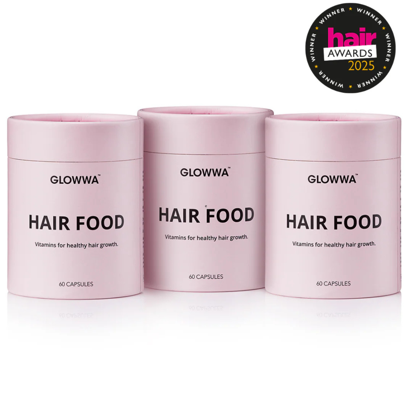 Three containers of GLOWWA Hair Food on a white background with an award badge at the top right corner.