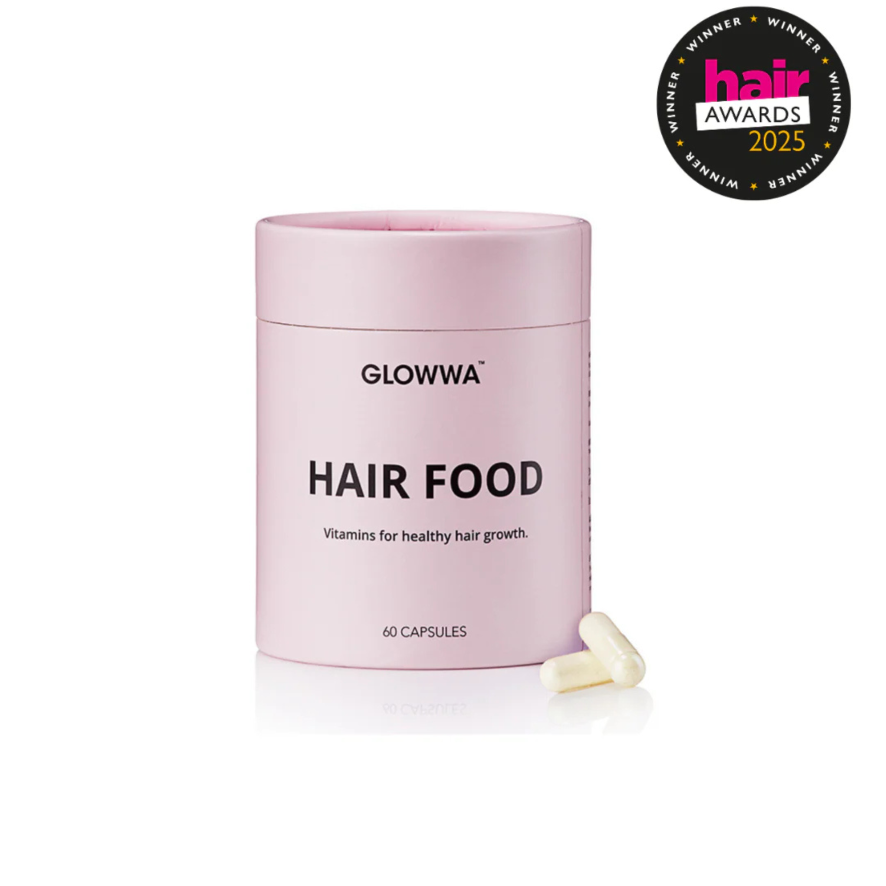 Glowwa Hair Food supplement container with a pink lid on a white background
