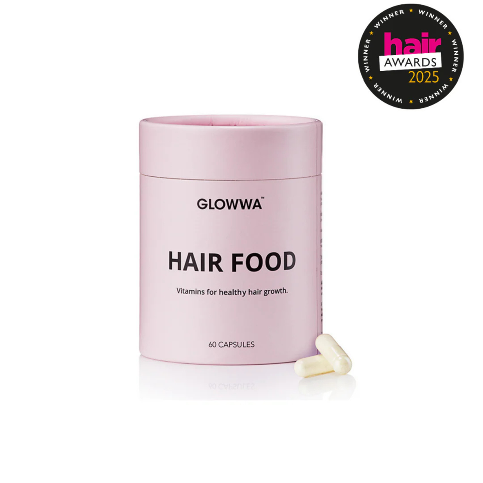 Glowwa Hair Food supplement container with a pink lid on a white background