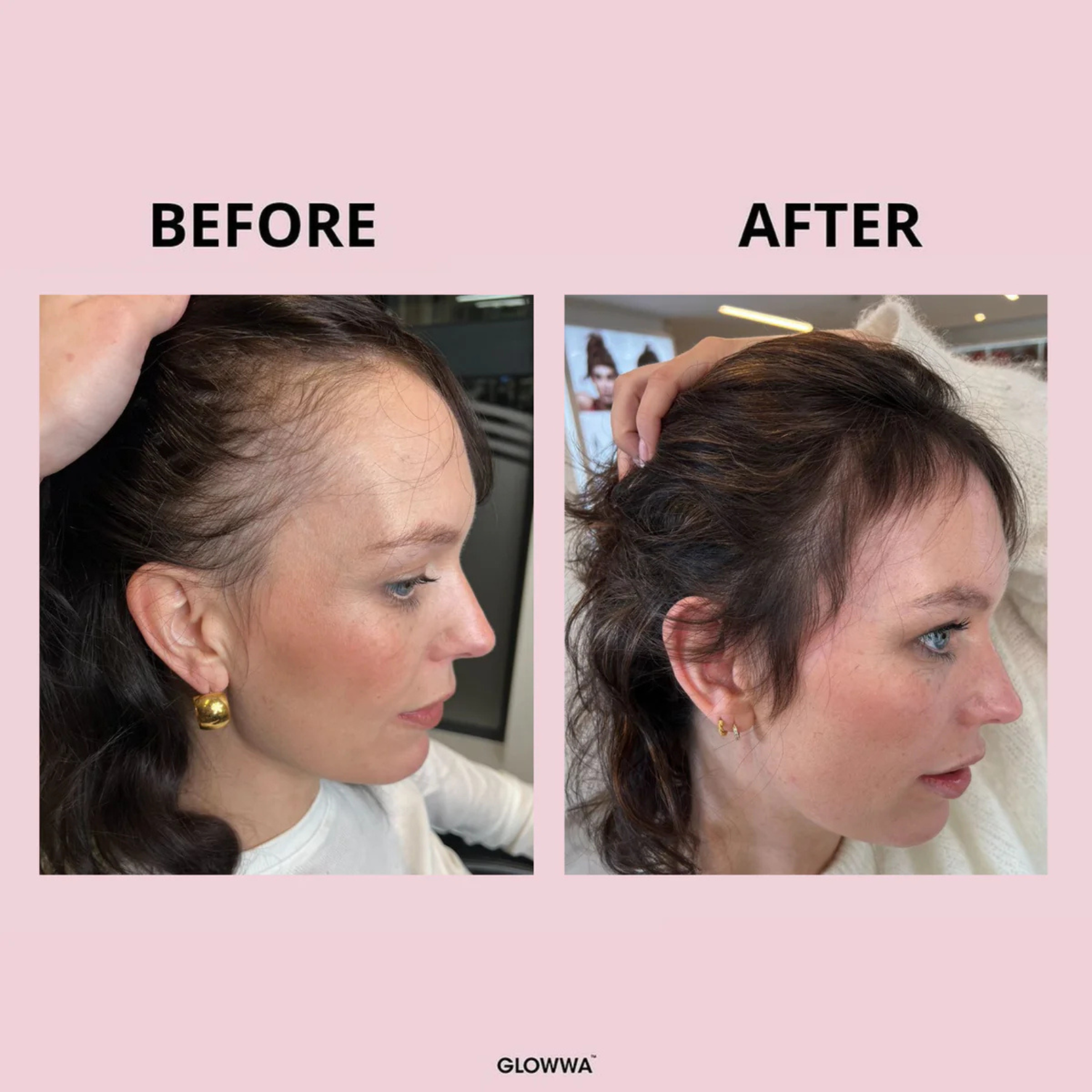 Before and after comparison of hair treatment with 'GLOWWA' branding on a pink background.