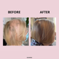 Before and after comparison of hair treatment with 'GLOWWA' branding on a pink background.