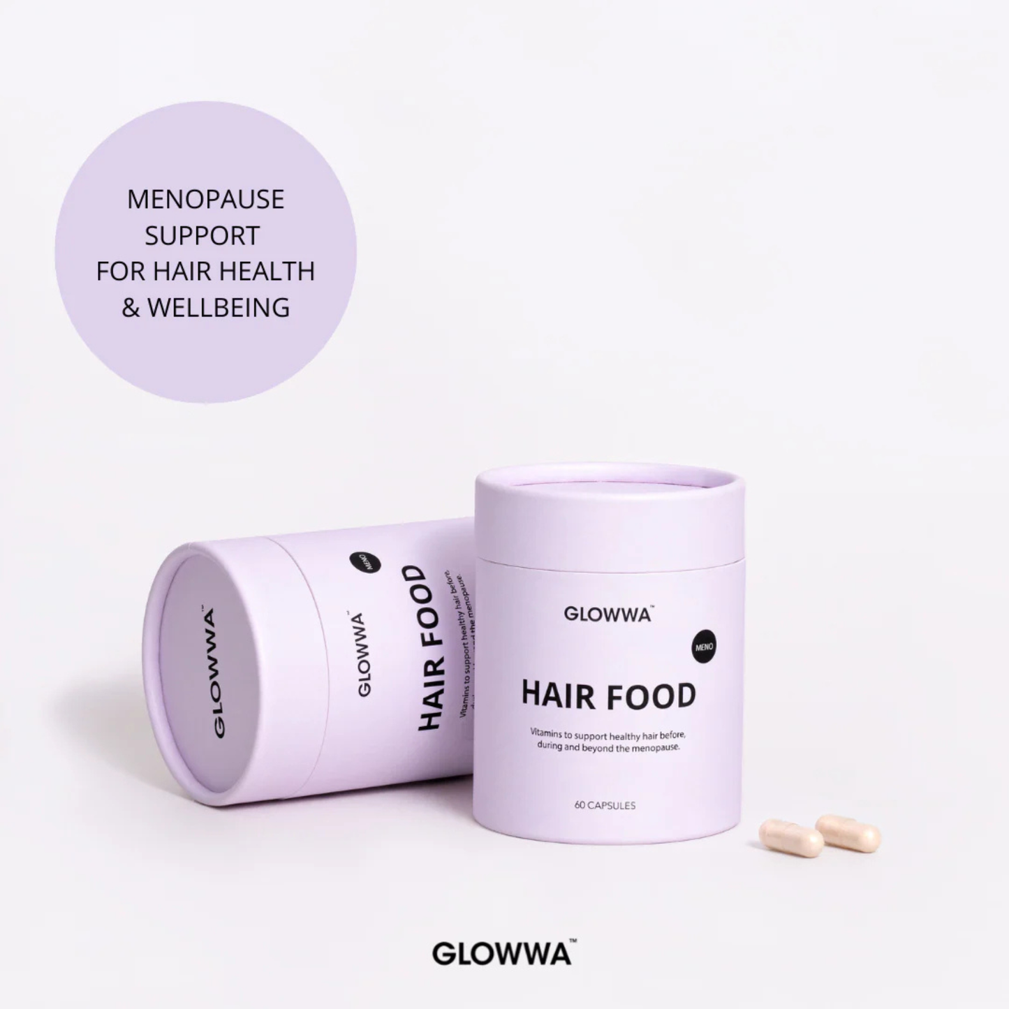 Two containers of GLOWWA Hair Food on a white background with text about menopause support for hair health.