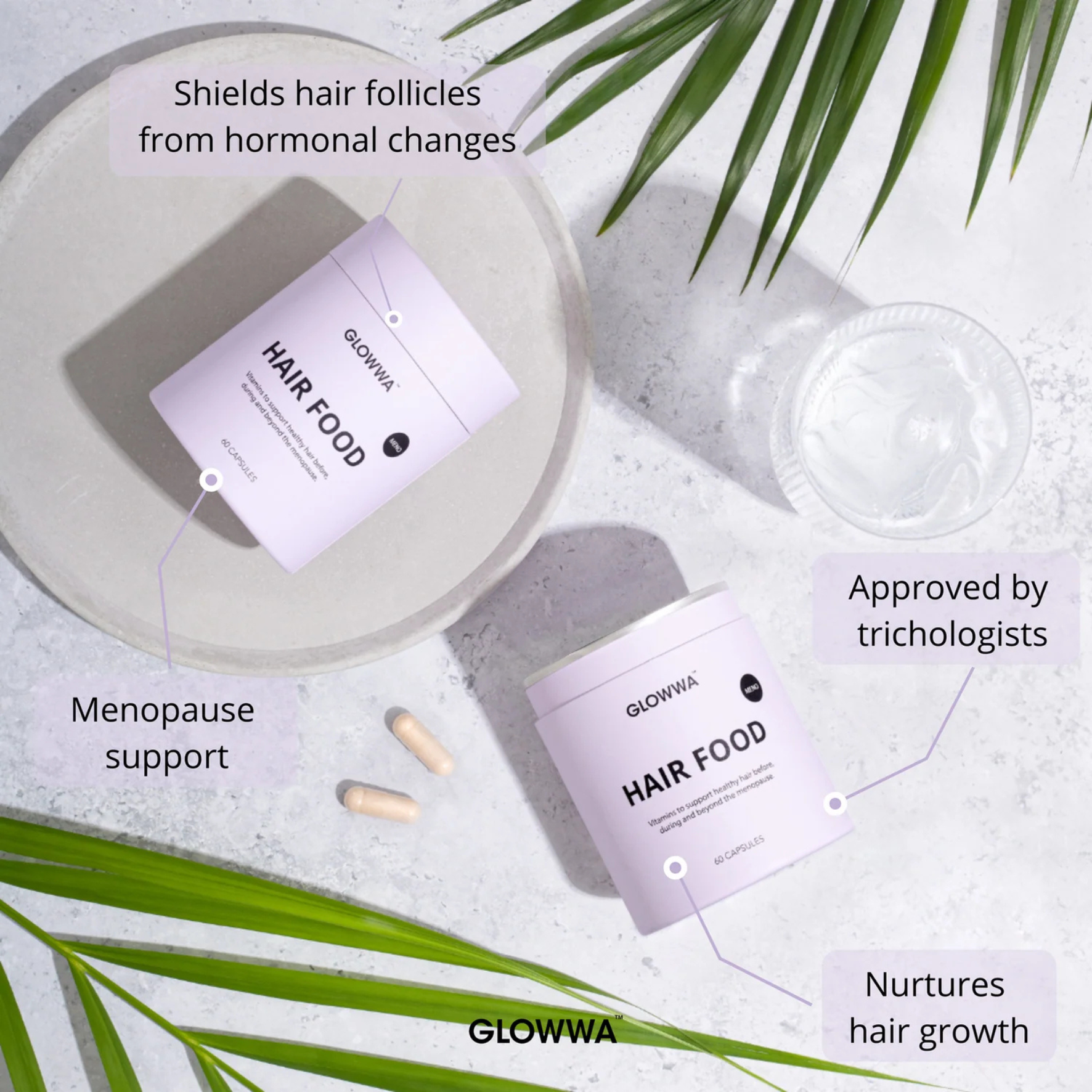 GLOWWA Hair Food meno product with text highlighting benefits on a light background with green leaves.