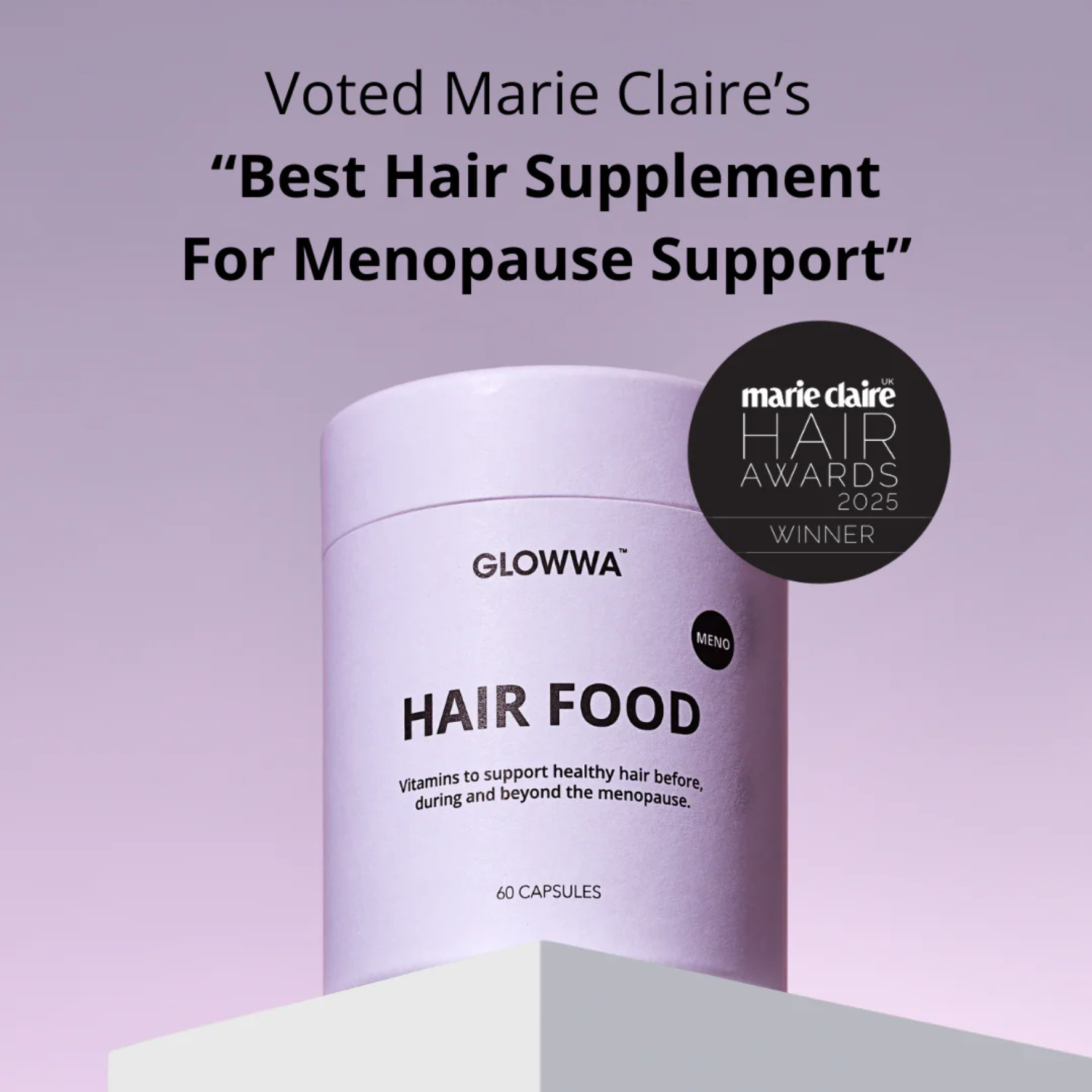 GLOWWA Hair Food supplement container with Marie Claire award on a purple background