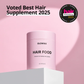 GLOWIWA HAIR FOOD supplement container on a pink background with an award badge.