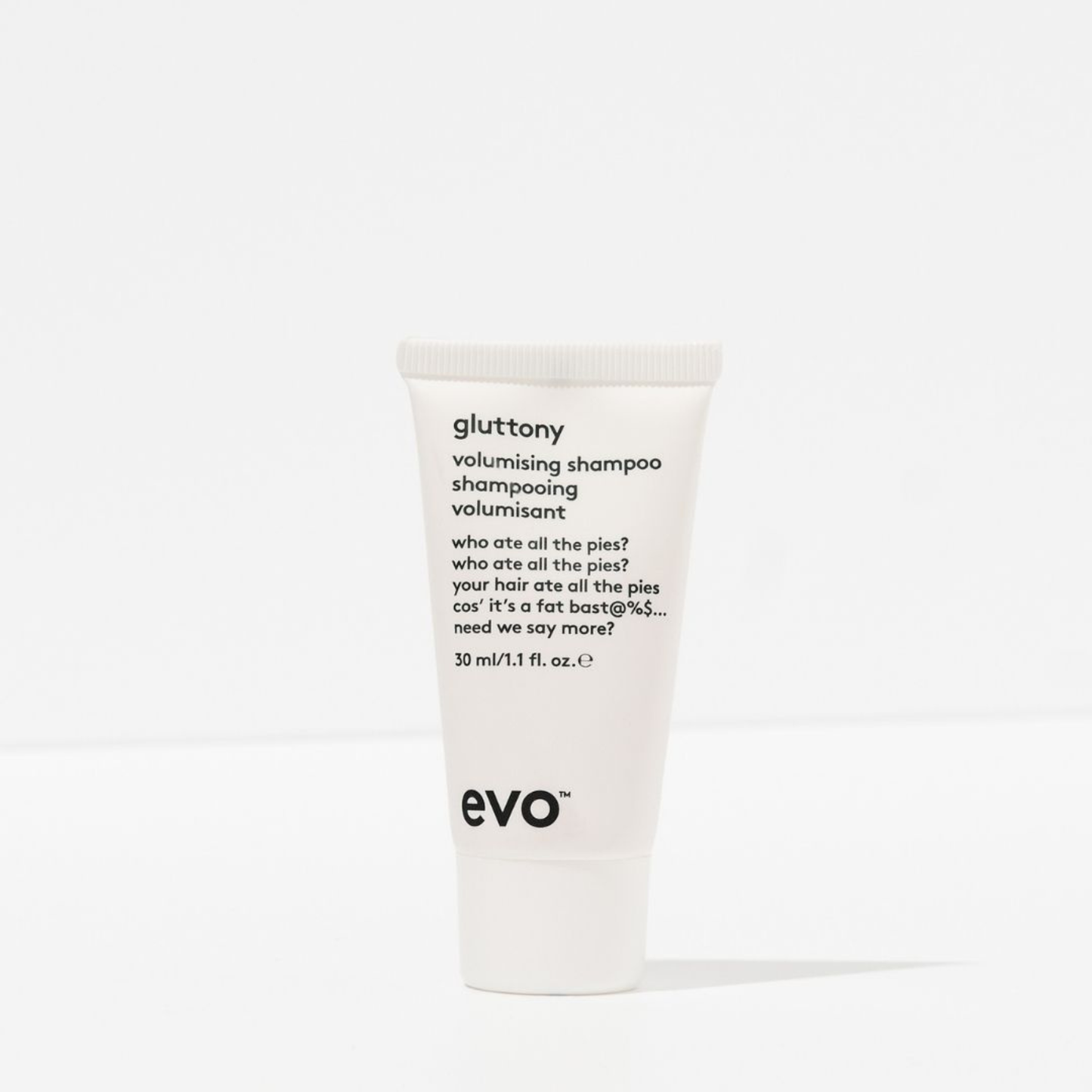 Evo gluttony volumising shampoo 30ml tube on a white background
