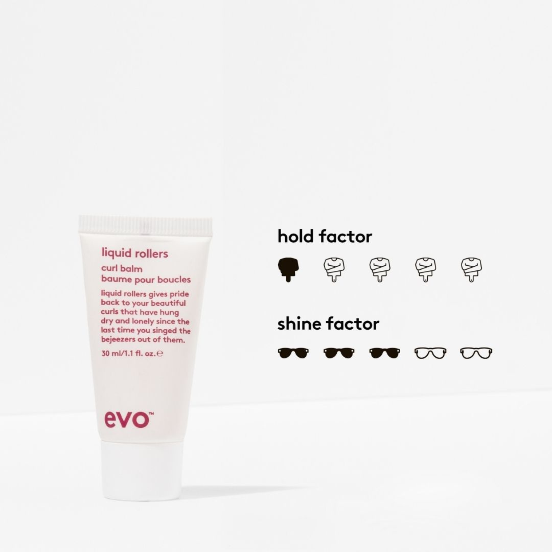 Evo liquid rollers curl balm with hold and shine factor ratings on a white background