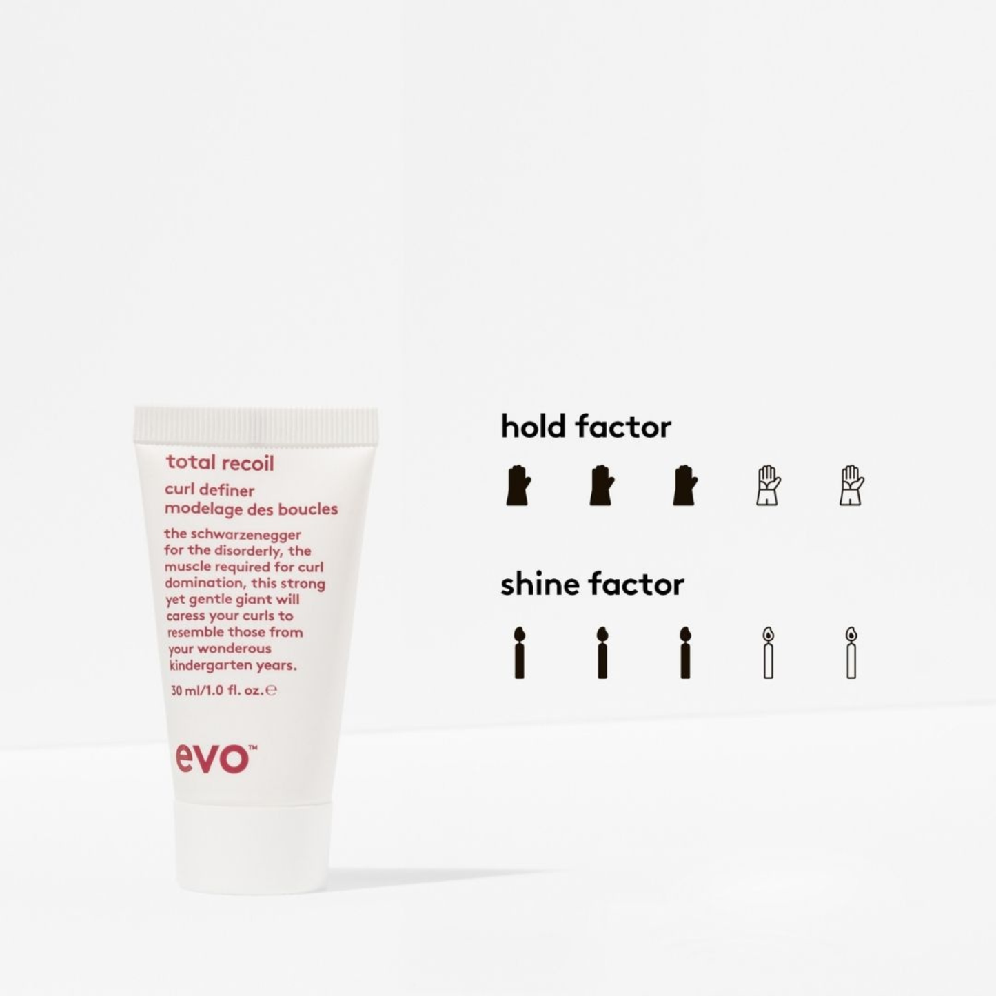 Evo hair product with 'hold factor' and 'shine factor' indicators on a white background